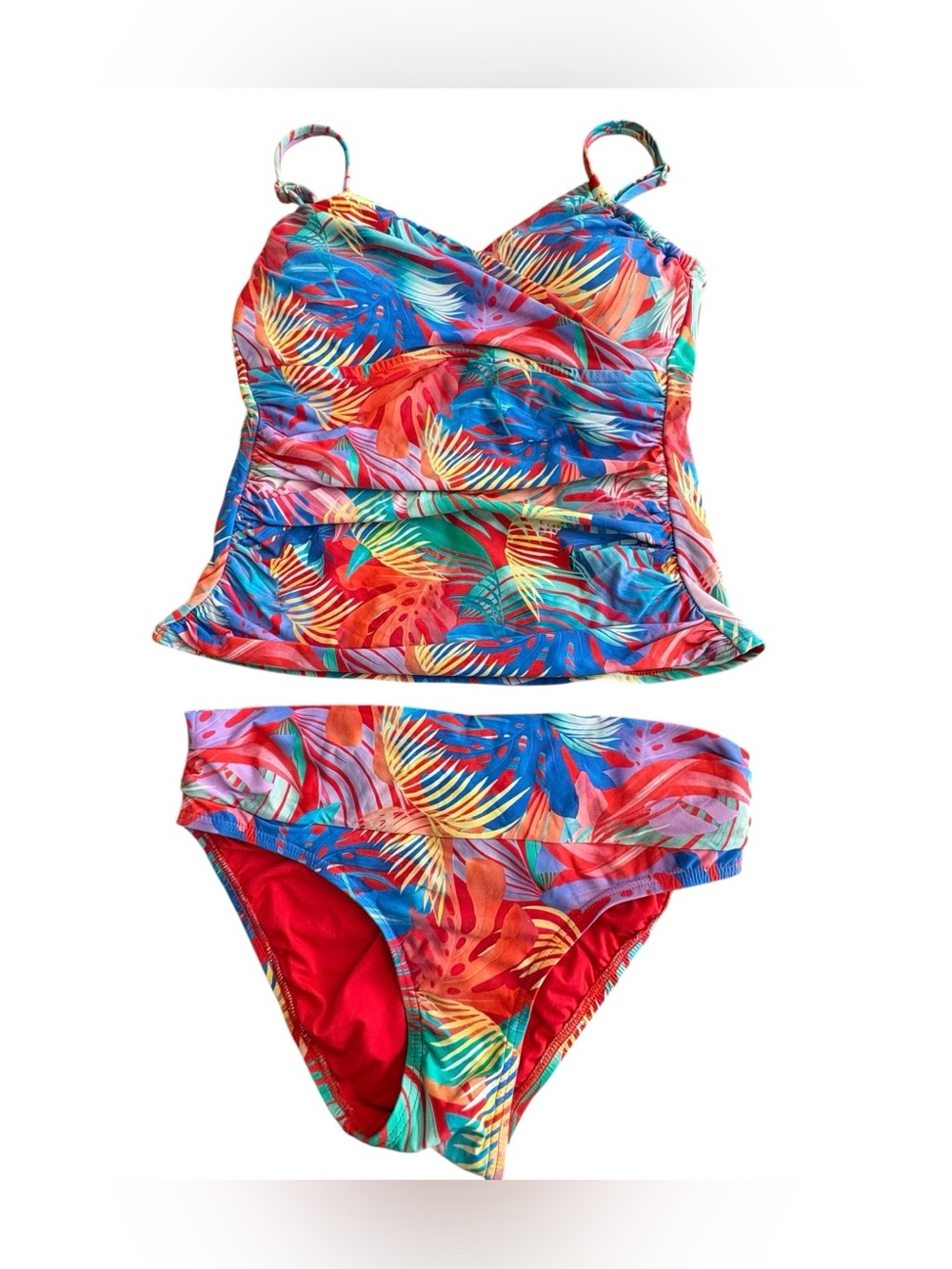 Sunsets Tankini Tropical Print Multicolor Red Blue Yellow Ruched Top Flattering
